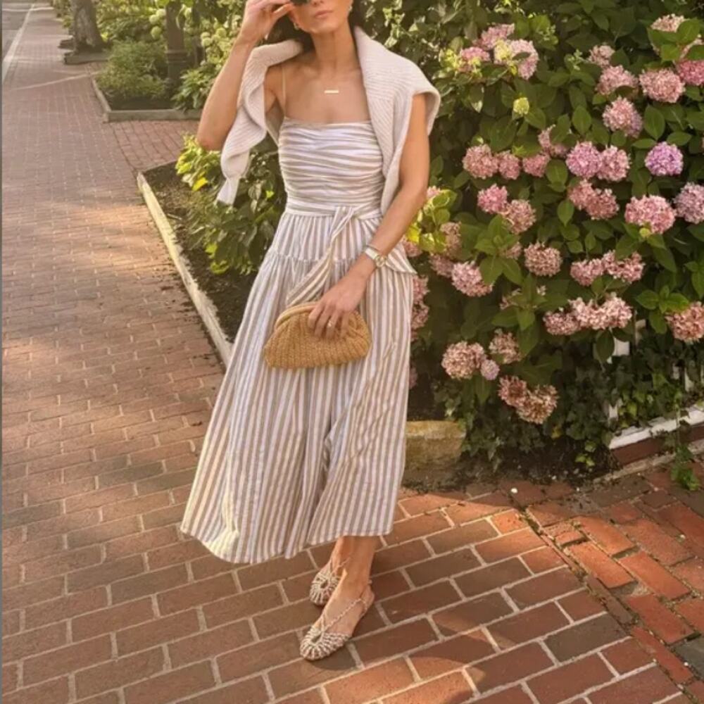 Toccin Brown Stripe Fit and Flare Midi Dress Size 12 Cotton Ruched Designer $475 - Picture 9 of 11